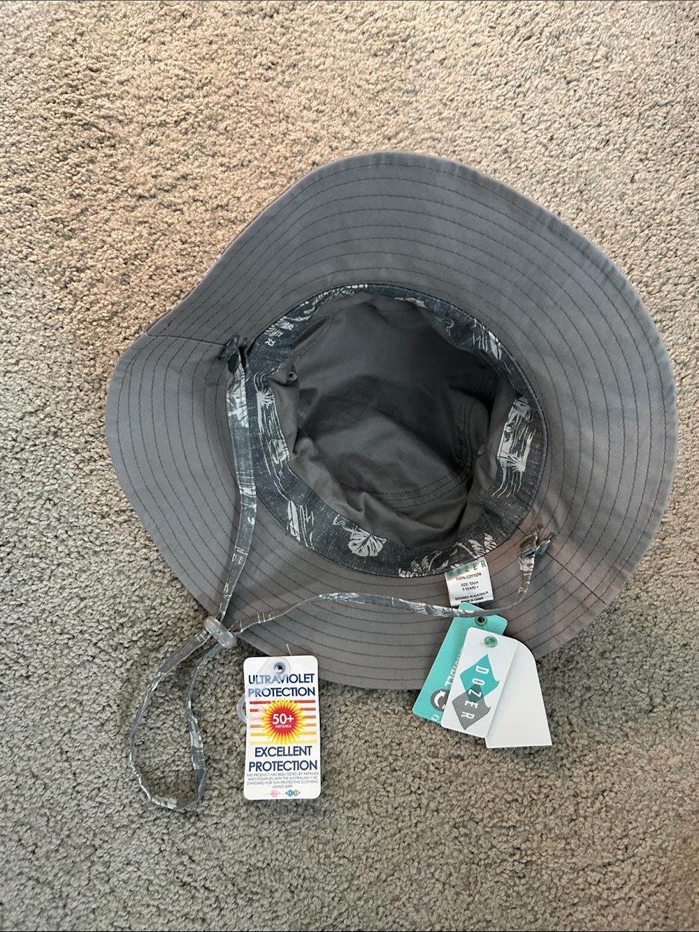 Kids Gray Sun Hat with Chin Cord - UPF 50+